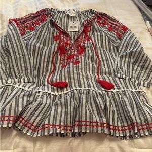 Kate Spade Black and White Striped Blouse with Red Embroidery